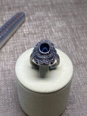 Vintage Sterling Silver Marcasite Ring Black Onyx Style Oval Flower Size 6